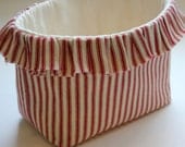 Ruffled Country Farmhouse Fabric Basket in Red Stripe Ticking - Medium