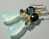 Bethany earrings- 14k gold filled wire wrapped AAA London Blue Topaz bezel set Seafoam Chalcedony dangle drop cluster chandelier earrings