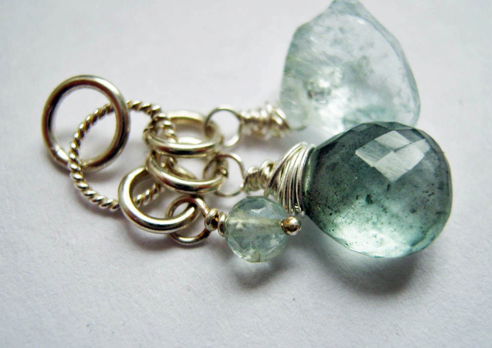 Moss Aquamarine and Hammered Aquamarine Pendant in Sterling Silver March Birthstone