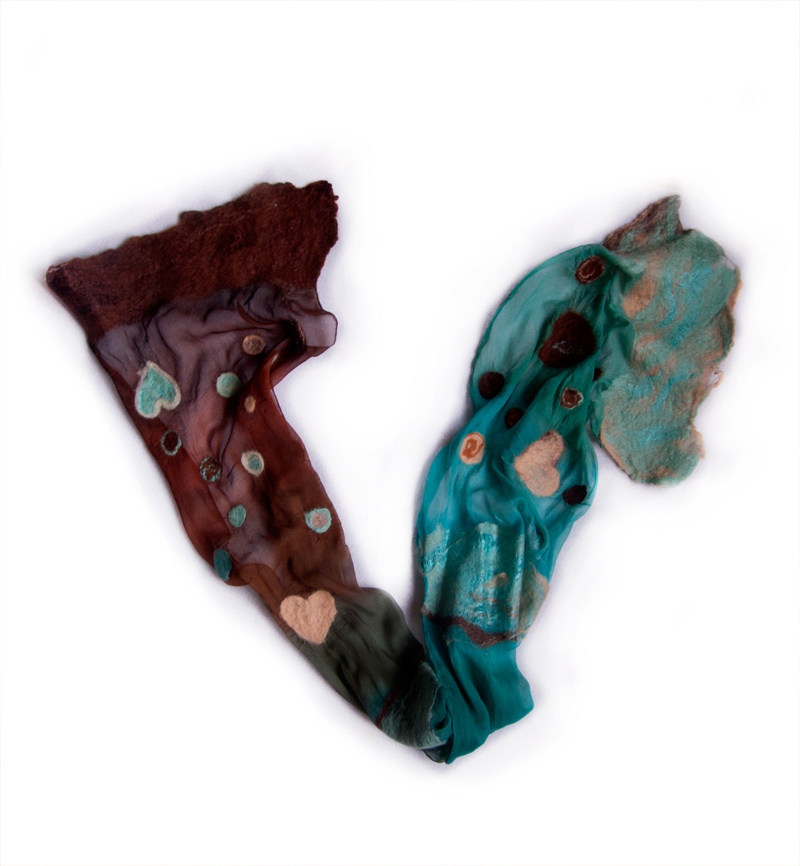 Ombre nuno felt silk scarf.Aqua to brown colored scarf with hearts and dots.Long fashion scarf OOAK