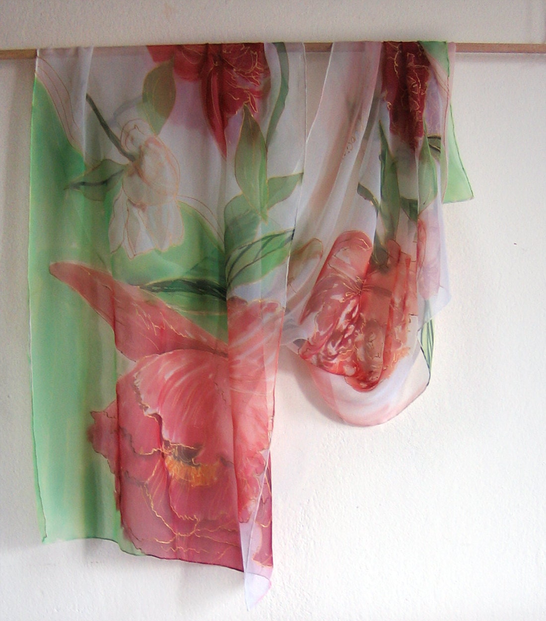 Peonies silk scarf. Hand painted scarves. Spring floral scarf. Red ,coral and green scarf.Woman fashion scarf with flowers