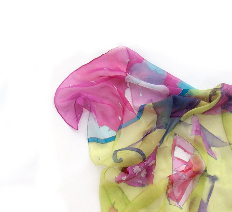 Neon silk scarf.Scarf silk paint by hand.Umbrellas in neon pink and yellow. Mothers day gift -OOAK-