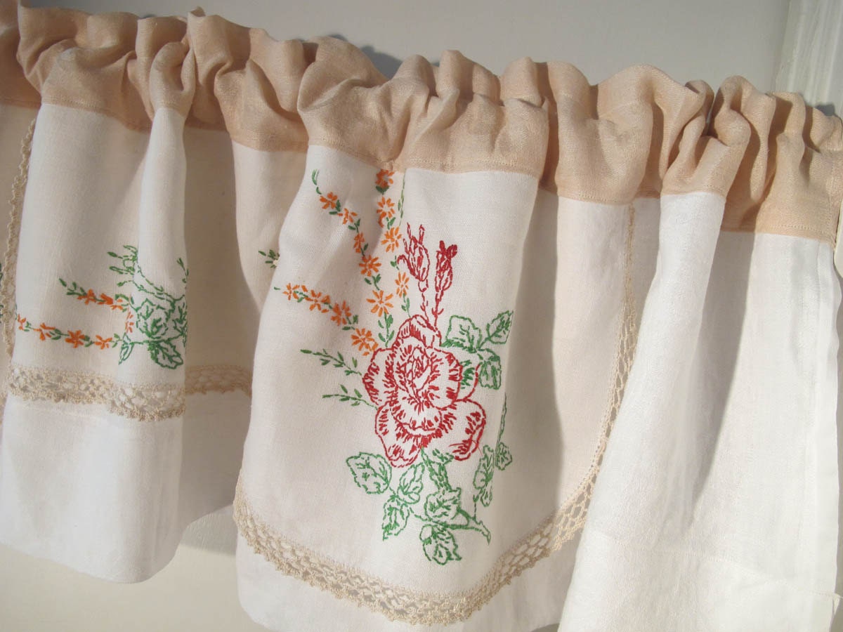 Vintage Embroidery Valance, Upcycle Needlework, Rose Window Valance, Repurpose Dresser Scarf, Retro Kitchen Window Curtains