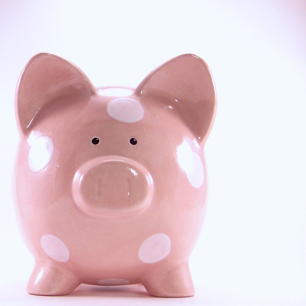 Personalized Piggy Bank - White Polka Dots - with hole or NO hole in bottom