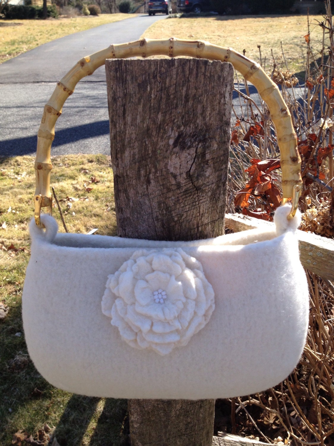 Bride off white purse hand knit felt with bamboo handle
