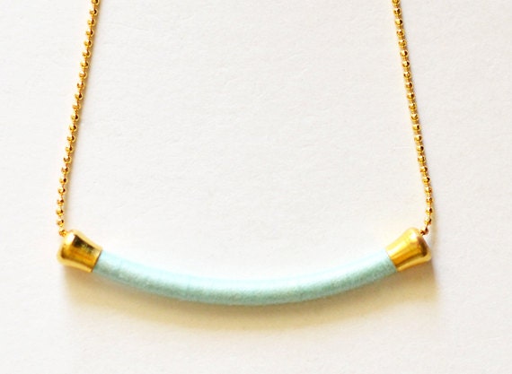 Minimal. Icy Mint. Gold. Thread Wrapped Brass Tube Necklace - no. 601F