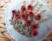 Pale Blue Felt Pin with Poppies and Corn