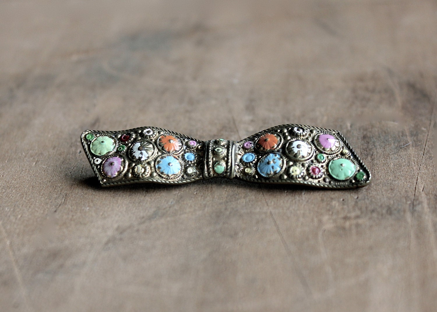 Her Favorite Bow - Antique Bow Brooch - Vintage Jewelry - Enamel - Rustic - Easter - Spring - Polka Dots