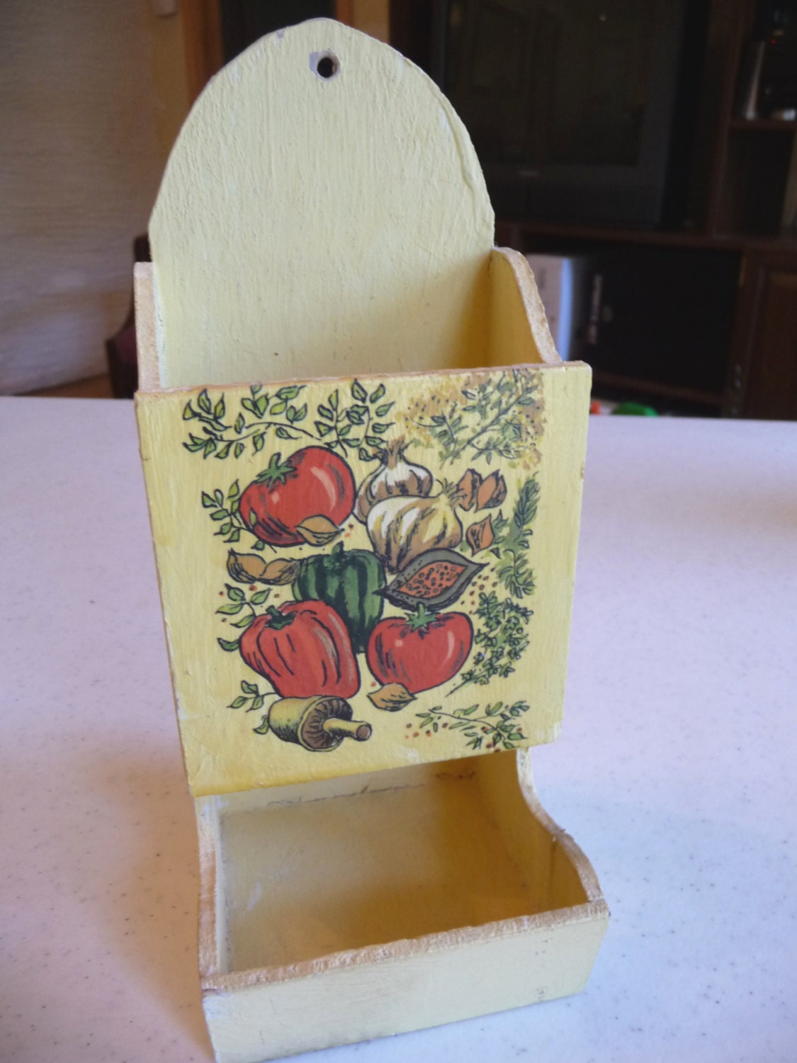 Vintage Match Holder Wood Handmade Matches Dispenser Yellow Painted Vegetable Decal Vintage Kitchen Unique Home Decor Wall Hanging