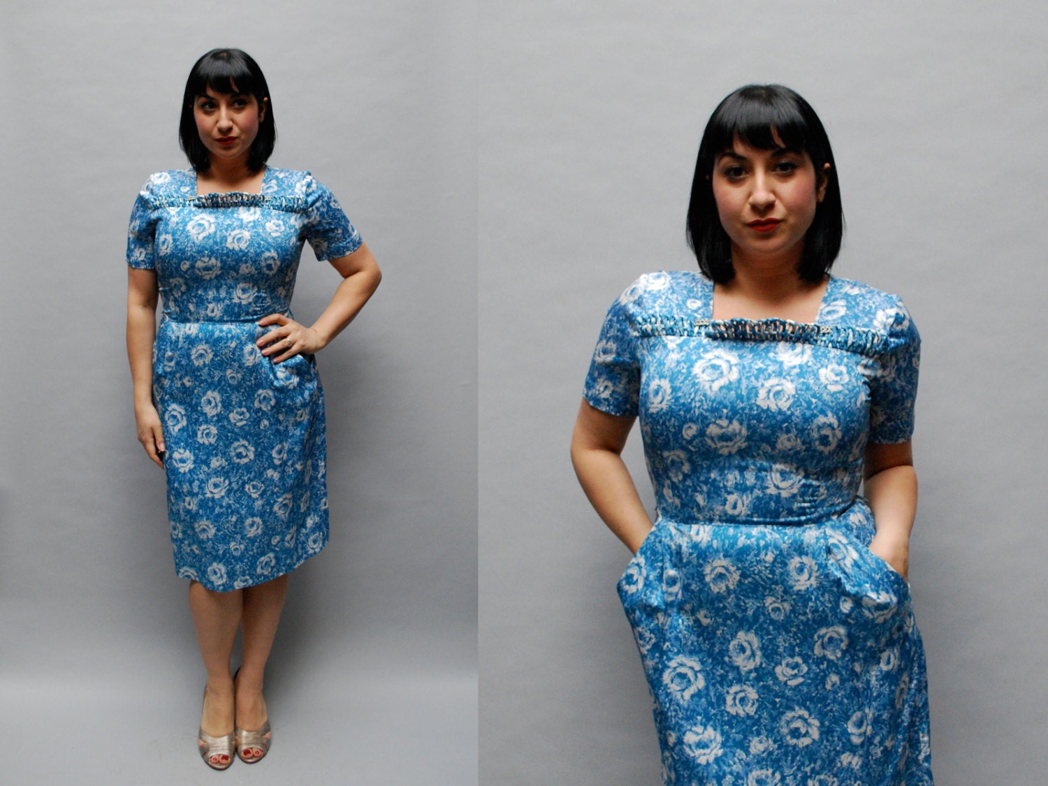 vintage 1950s cocktail dress with lattice neckline