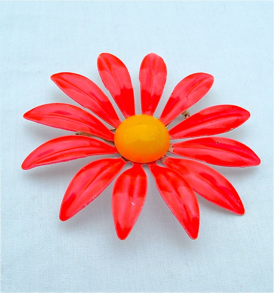 Neon Orange Enamel Flower Floral Jewelry Day Glow Bright Brooch Bouquet Pin Summer Fashion Daisy, FREE US SHIPPING