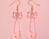 Fairy Kei Dangle Earrings Light Pink Safety Pin Bow