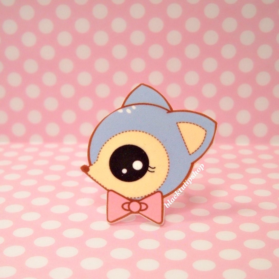 Adjustable Ring Retro Big Eyed Light Blue Deer Doe Blue Bow Tie Fawn