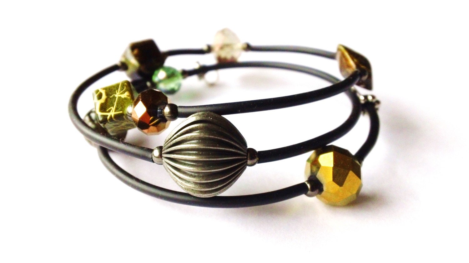 Beaded Memory Wire Black Rubber and Crystal Bracelet - Brown, Gold, Silver, Green