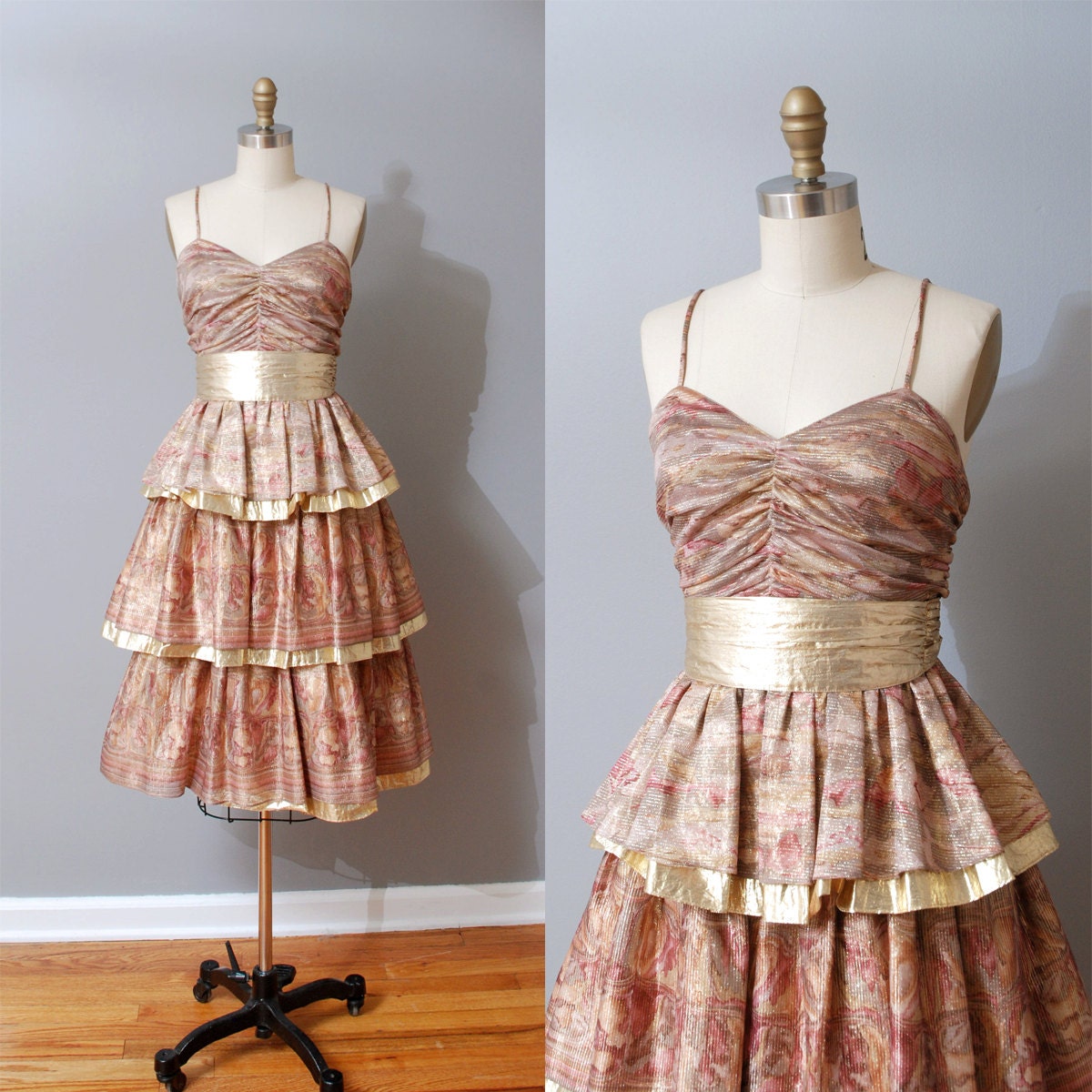 1980s Party Dress - Rose and Gold Threaded Tiered Cocktail Dress with Full Skirt