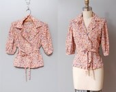 1970s Blouse - Pink Floral Pintuck Blouse with Belt