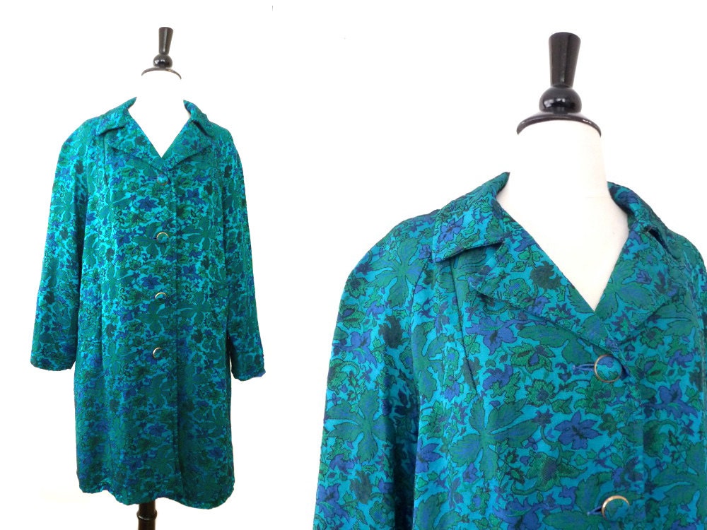 60s Coat . Brocade . Blue Green . 1960s Spring Fashion . Swing Coat