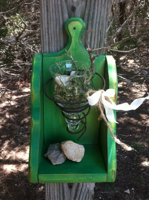 Upcycled - Groovy Green - Vintage Wooden Shelf - Repurposed Bed Spring Vase - Candle Holder - Wall Decor - Boho CHIC