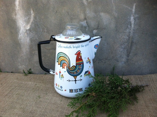 Vintage - Funky Kitschy Boho Cottage Farmhouse - Enamel Berggren Teapot - Percolator - Rooster - Folk Art CHIC