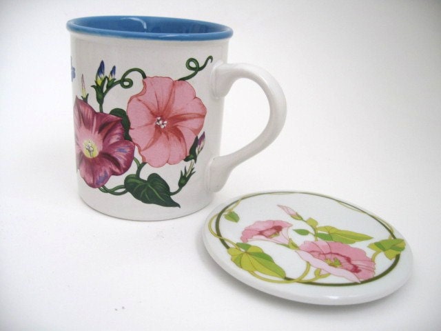 Coffee- Tea mug with lid - Morning Glories Potpourri Press -White with blue, purple and pink flowers tea cup -1989
