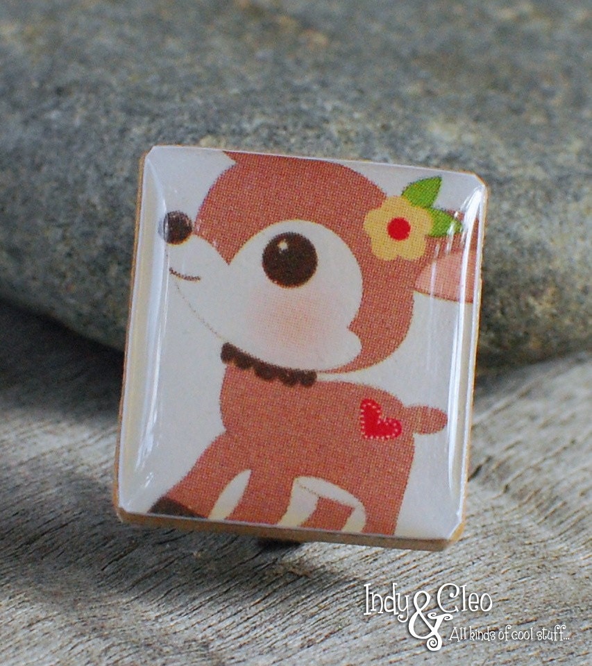 Woodland Deer Kids Handmade Animal Scrabble Tile Art Brooch Pin Jewelry