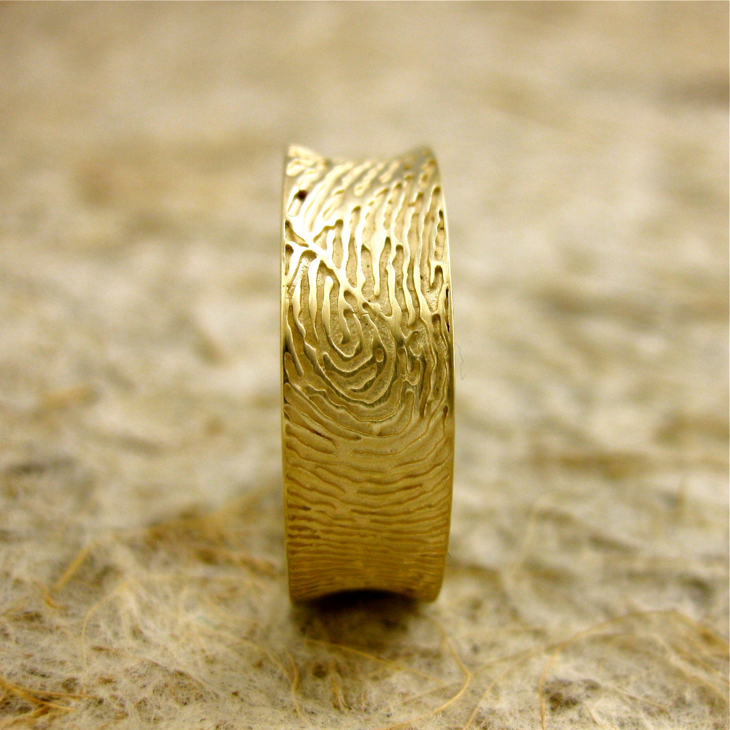 Handmade Concave Fingerprint Engraved Wedding Ring in 14K Yellow Gold with Satin Finish & Custom Inscription Size 9/7mm