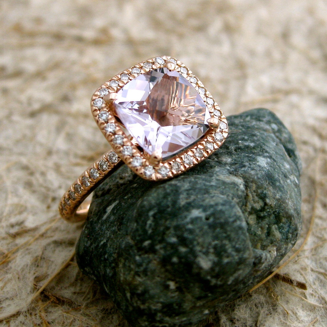Handmade Antique Cushion Cut Lavender Lilac Rose de France Amethyst Engagement Ring in 14k Rose Gold with Diamonds