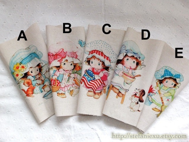 Hand Printed Linen Fabric, DIY Home Decor Fabric - Sweet Lovely Strawberry Girls, Choose One Pattern (1 Panel, 7"x7")