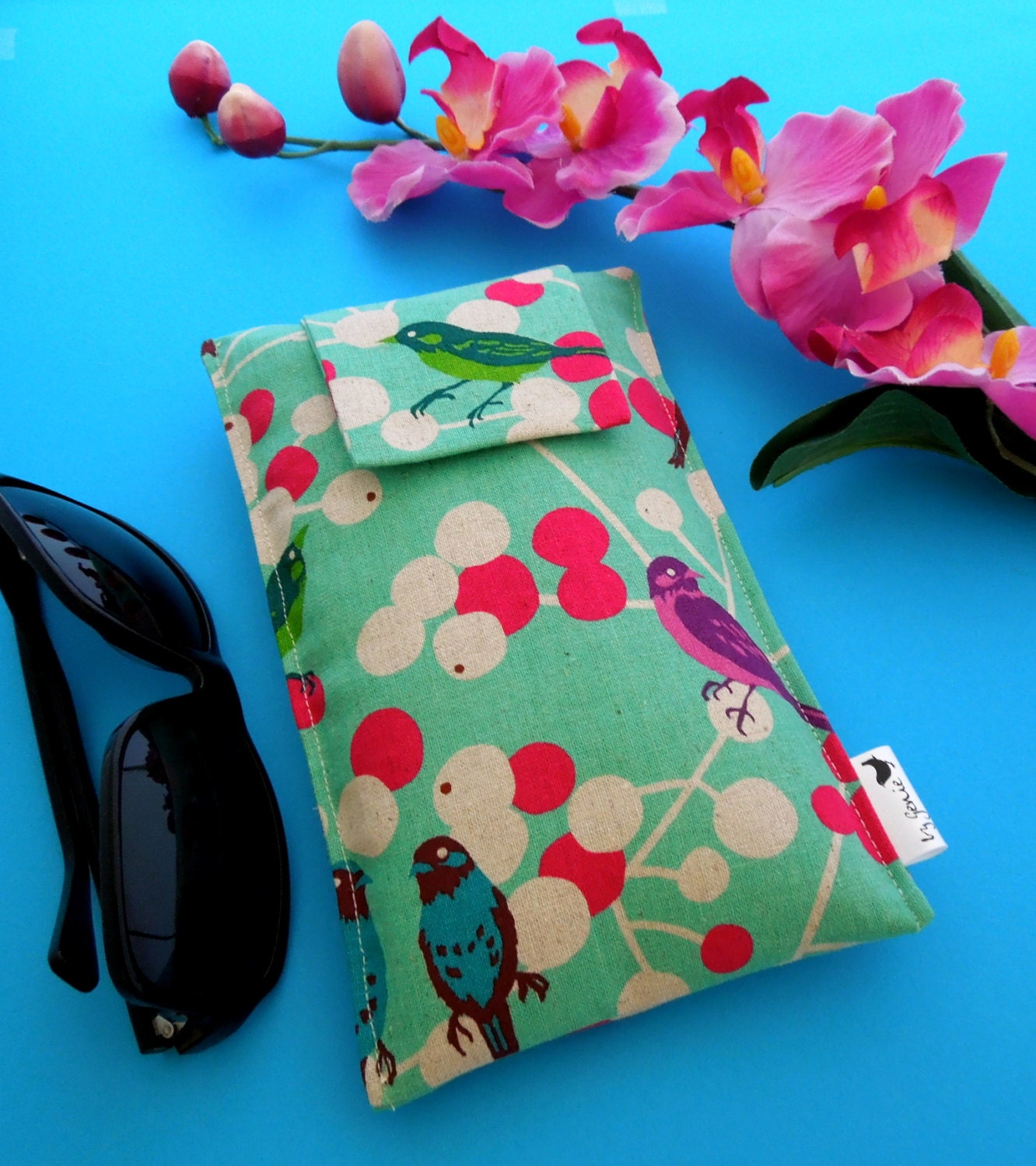 Roomy Sunglasses Case in a Japanese Design of Colorful Birds