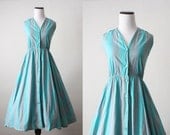 1950's dress - teal and grey striped 50's dress