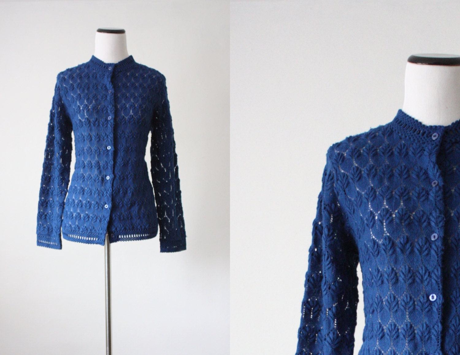 vintage 1960's navy blue eyelet knit cardigan