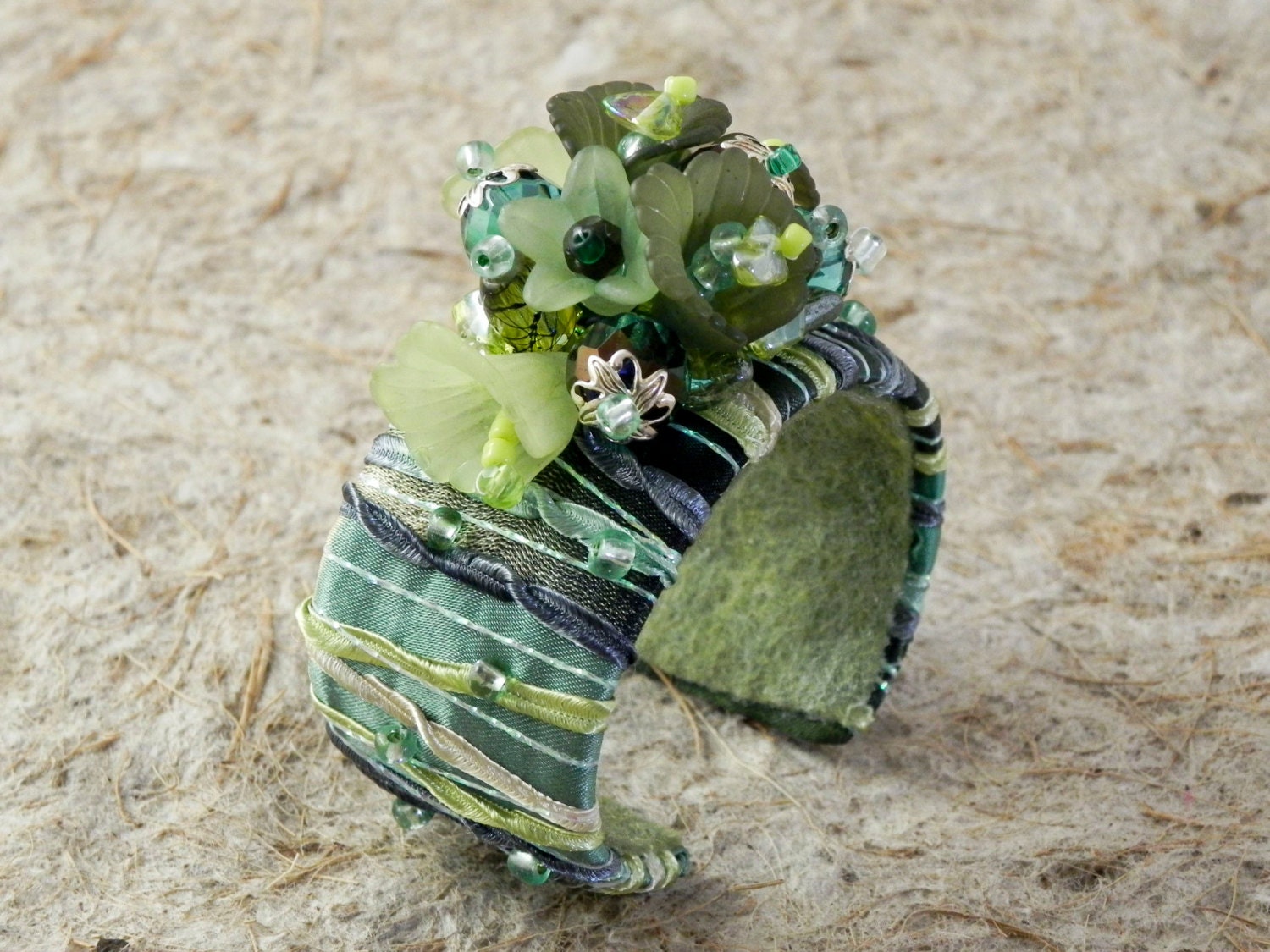 Secret Garden Series Beaded Cuff Bracelet - Ferns - Fiber Art Accessories - Flower Jewelry