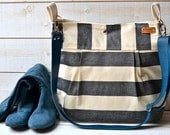 Waterproof Black BEST SELLER Diaper bag/Messenger bag STOCKHOLM Black and ecru nautical stripe bag purse - 10 Pockets - Blue leather strap