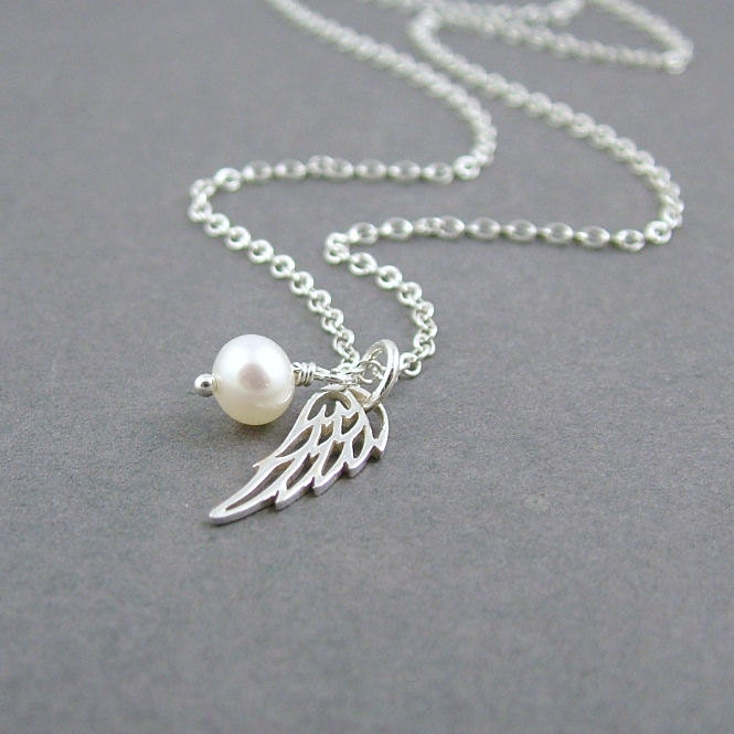 Silver Wing Necklace, Sterling Silver and Freshwater Pearl, Angel Wing Necklace, Remembrance Jewelry, Protection