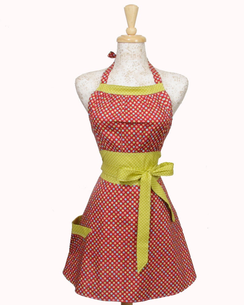 Retro Apron stars n dots red blue chartreuse