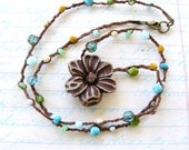 Beaded and Knotted Necklace with Large Brown Flower Bead and Irish Brown Waxed Linen