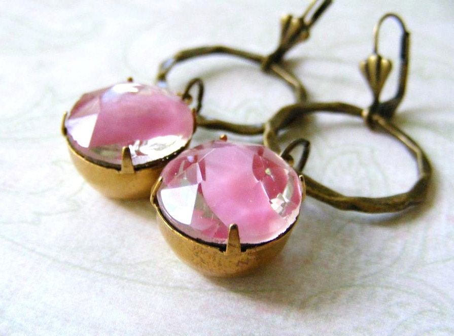 Vintage Pink Rose Glass Cab and Brass Ring Earrings Dangles on Shell Leverback Brass Earwires