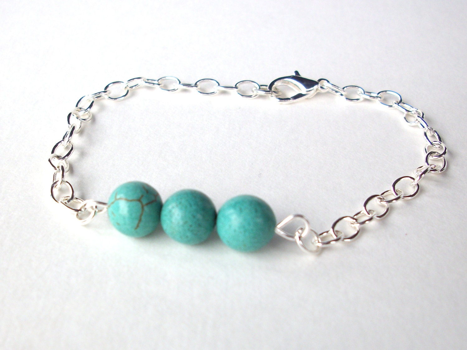 Turquoise chain bracelet, silver chain with bead bar of round turquoise gemstone beads