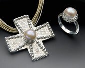 Sterling silver and freshwater pearl Maltese cross necklace, handcrafted artisan jewelry by jewelrybyfrancine on etsy