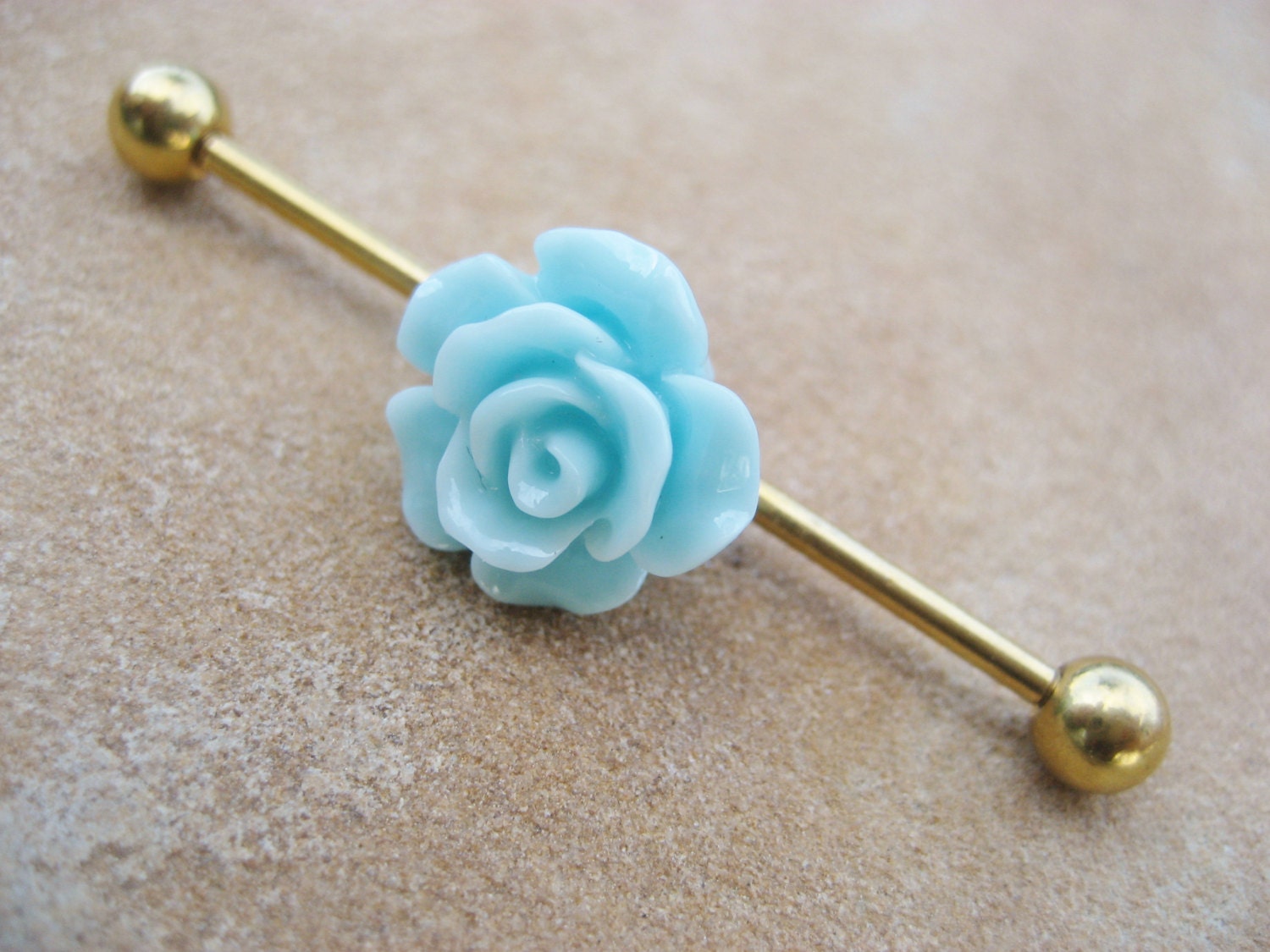 Industrial Barbell Piercing- Mint Rose Flower Titanium Gold Bar 14g 14 g Gauge