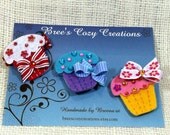 Cupcake Hair Clip Set of 3 Felt Clippies Hair Bow Set  Cupcakes Bows Rhinestones Nonslip