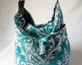 Weekend Sale - Turquoise Hobo - Print handbag with Brown vegan suede strap - Handmade bags - Made to Order