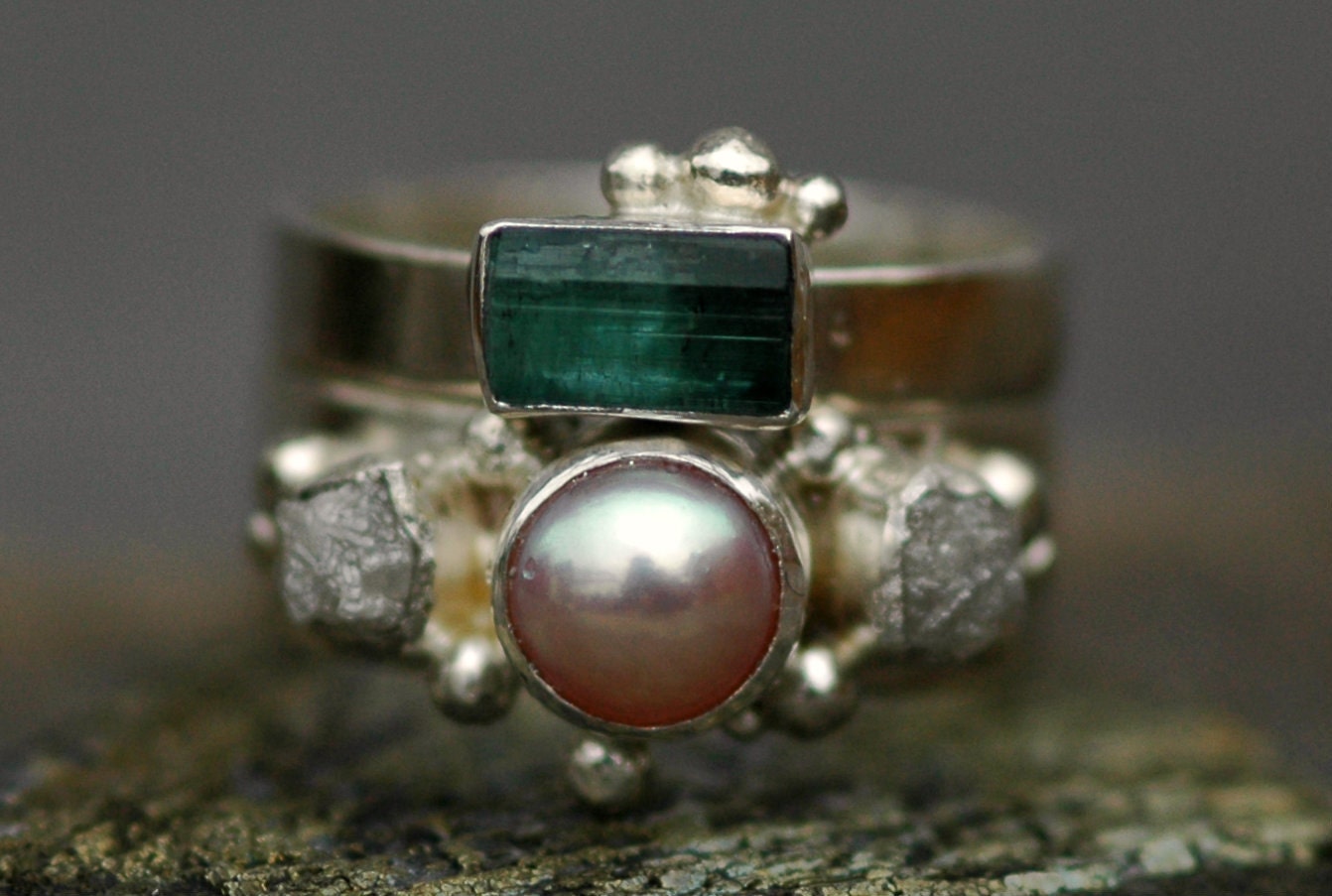 Rough Diamond and Pearl Engagement Band and Wedding Stacking Ring with Rough Specimen Set- Custom Made Custom Colour