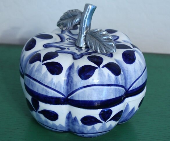Vintage 2 Piece Set Ceramic Hand Painted Blue Apple Bowl with Lid Mexico