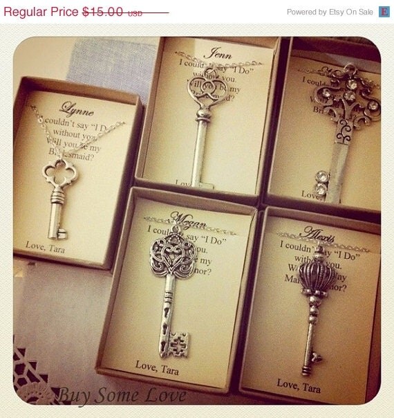 30% SALE Skeleton Key, Bridesmaids Thank You Gifts, Ask Bridal Party, Wedding party Necklace. FREE Personalized Notecards Jewelry box.