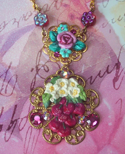Cherry Love Rose & Forget Me Not Blossoms - Hand-Sculpted - Swarovski Crystal Choker