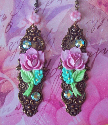 Sweetheart Rose & Forget Me Not Blossoms  - Vintage Rose Earrings - Swarovski Crystal