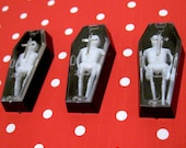 3 Skeleton in Coffin Plastic Charms Vintage