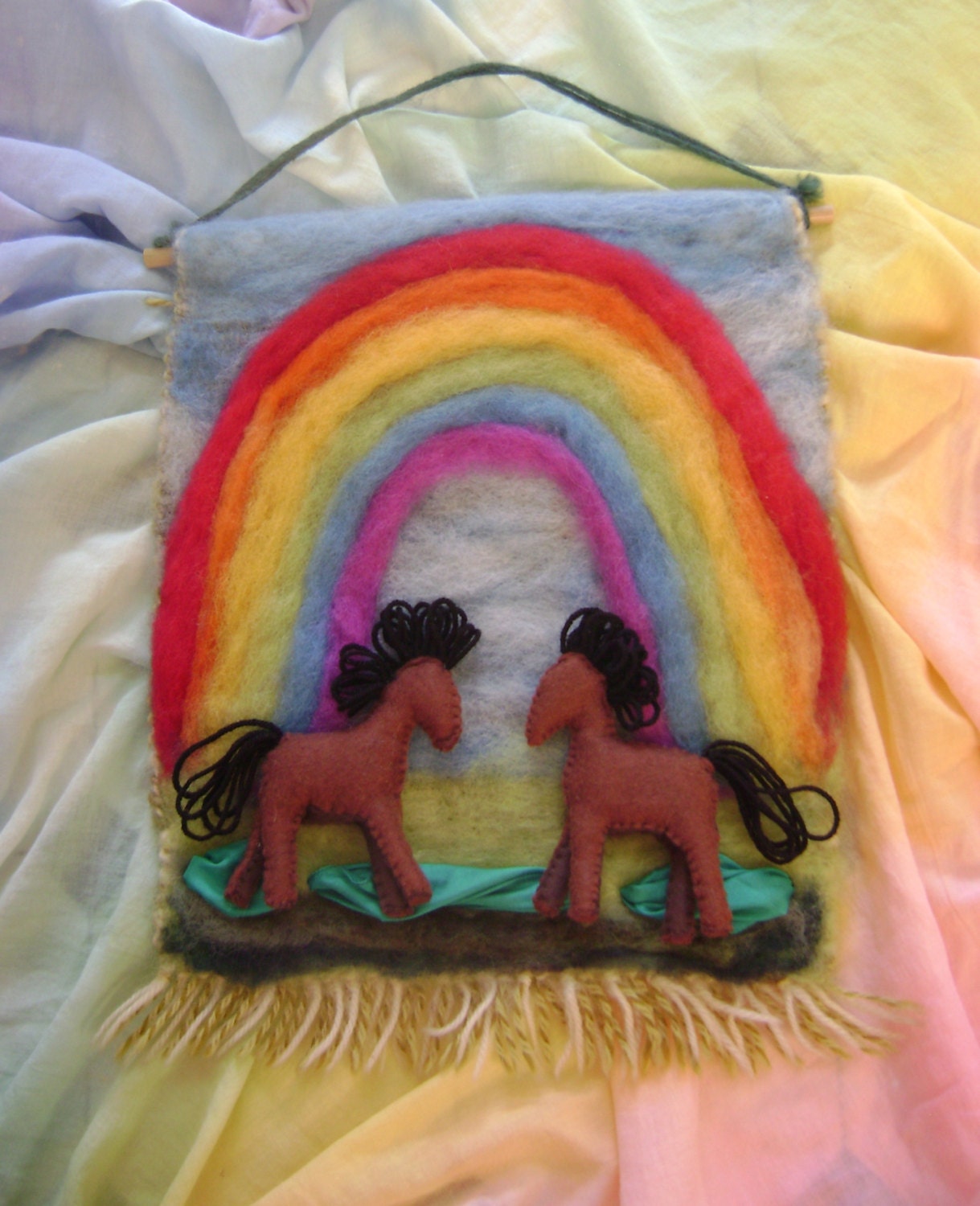 Prancing ponies  under a rainbow - Wall hanging -   Waldorf - Pure materials used  -  Silk, wool and wool felt