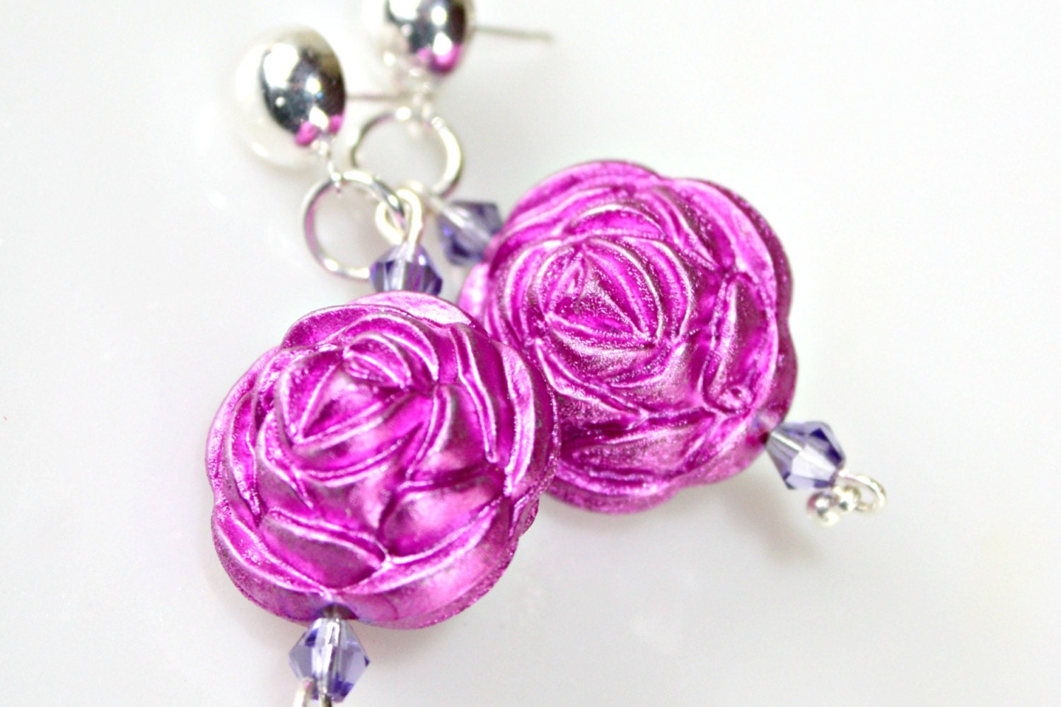 Pink Rose Earrings - Flower Fuschia Pink Beads with Sparkle Stardust Rose Earrings and Accenting Lilac Crystals by Mei Faith
